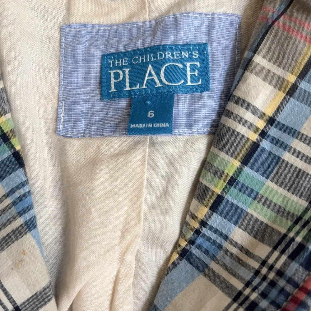 Childrens Place Patchwork Blazer Jacket Boys Size 6 Madras Kids Preppy
